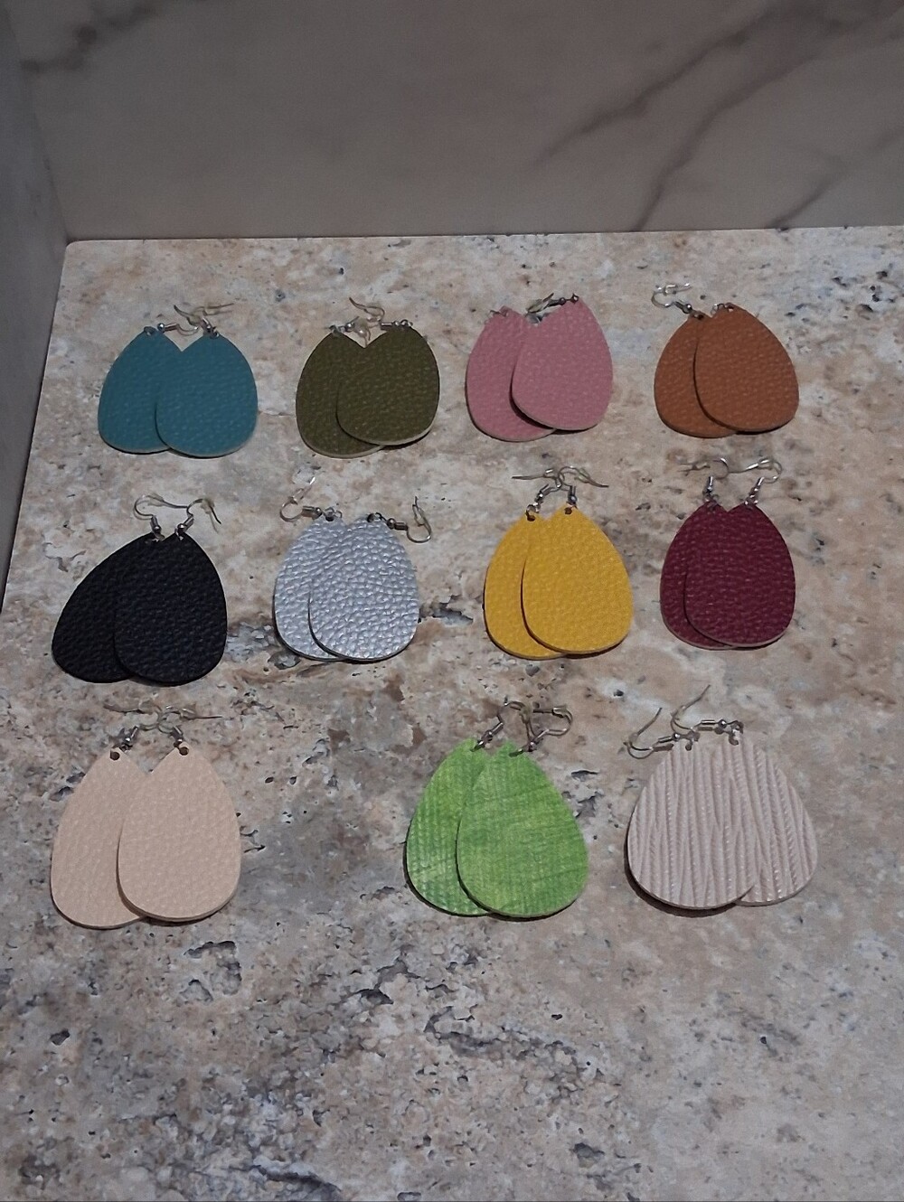 11 Pairs Assorted Teardrop Faux Leather Dangle Earrings - Multi Color Pack - Picture 2 of 9